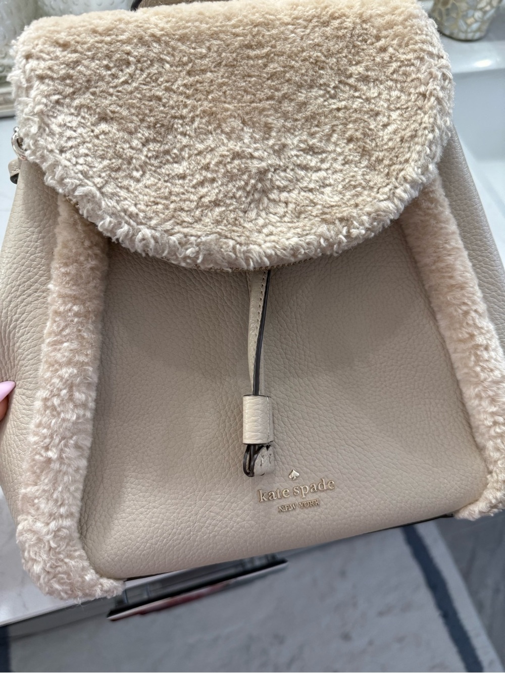 kate spade Cream Shearling-Trim Pebbled Leather Backpack